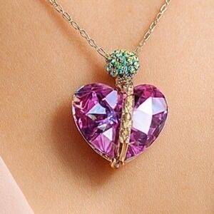 Sparkling Heart Pendant Necklace Rhinestone Crystal Amethyst Purple Silver Chain